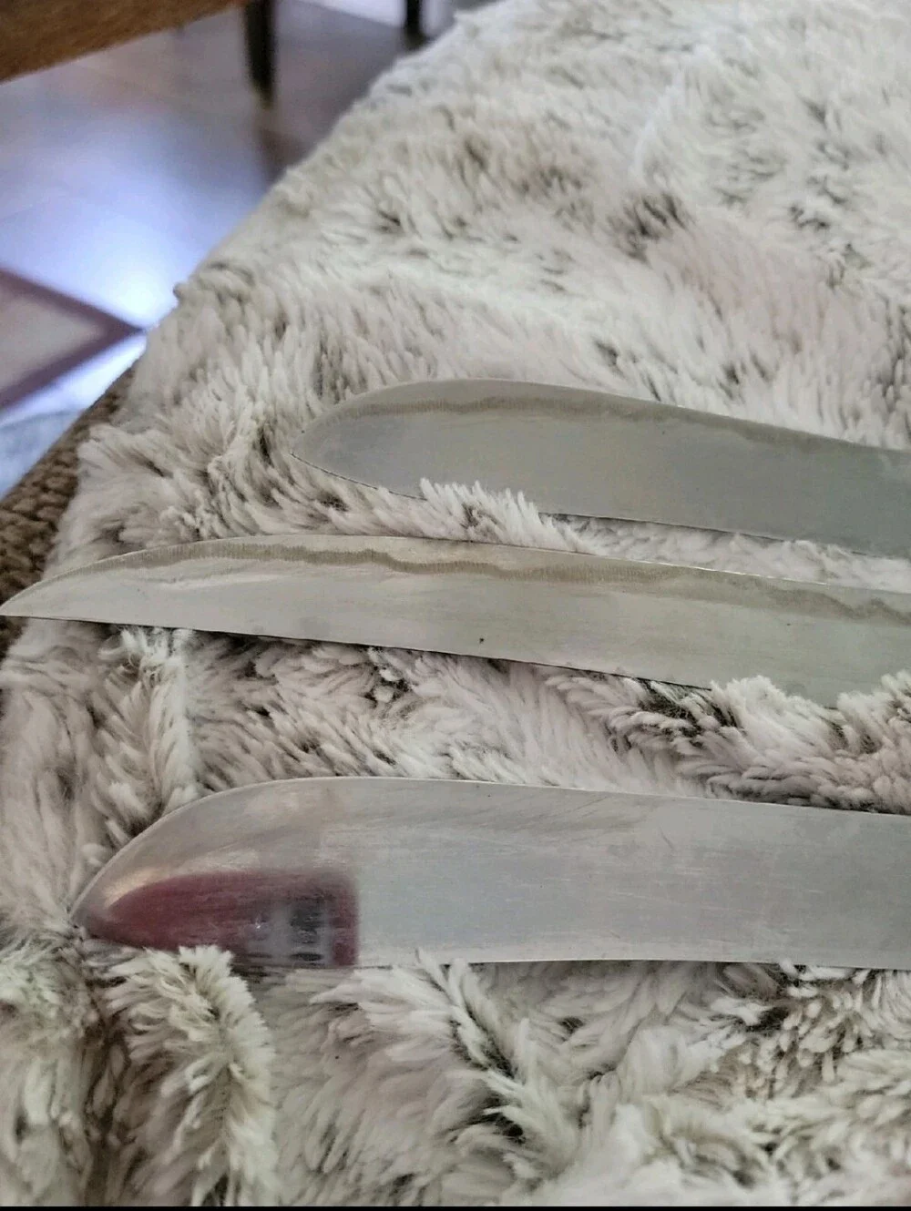 Vintage THREE Real Keen Stainless Butcher Knives Wood Handles